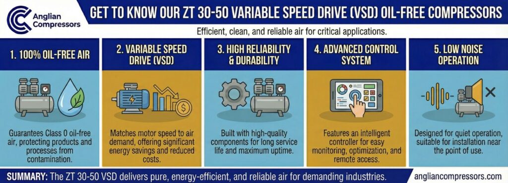 Get to know our ZT 30-50 VSD+ oil-free compressors