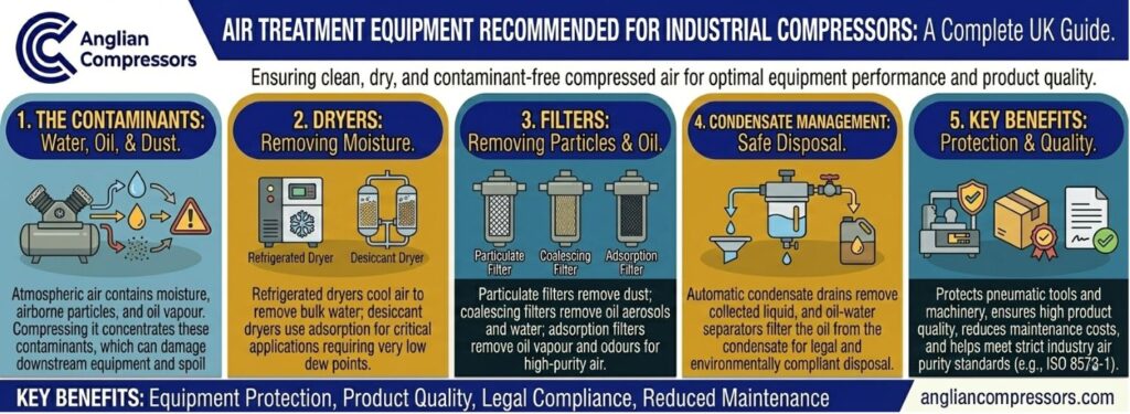 What air treatment equipment is recommended for industrial compressors