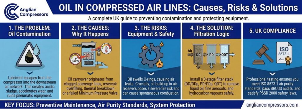 Oil in Compressed Air Lines Causes, Risks & Solutions